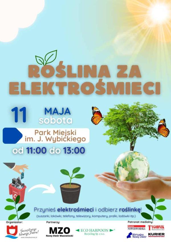 Kosz z elektrośmieciami, roślinka w doniczce. Drzewko z dwoma motylkami na kuli ziemskiej.