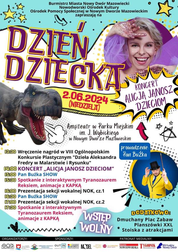 Twarz kobiety z dłońmi w fioletowym brokacie. Dinozaur. Mężczyzna w żółtej marynarce, czarnym kapeluszu z różdżką w dłoni.
