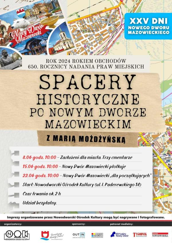 Popiersie mężczyzny w mundurze z wąsami, dwa kościoły, biały niedźwiedź, fontanna, drewniany budynek, fragment planu miasta Nowy Dwór Mazowiecki.