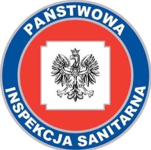 Na białym polu w czerwonym okręgu orzeł. wokół czerwonego okręgu niebieskie koło z białym napisem Państwowa Inspekcja Sanitarna.