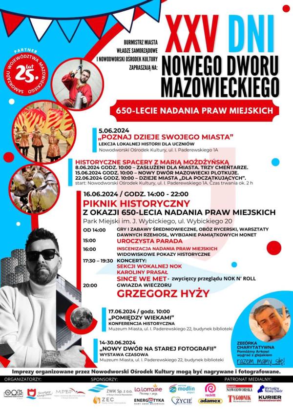 Mężczyzna z młotkiem i metalowym przedmiotem w ręku, dziewczęta z chorągwiami, rycerze w srebrnych zbrojach w hełmach, mężczyzna z brodą i wąsami w ciemnych okularach, mężczyzna leżący na łóżku.