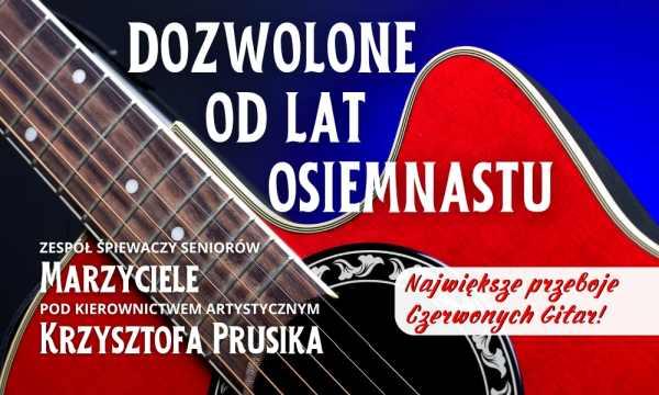 Czerwona gitara klasyczna na niebieskim tle.