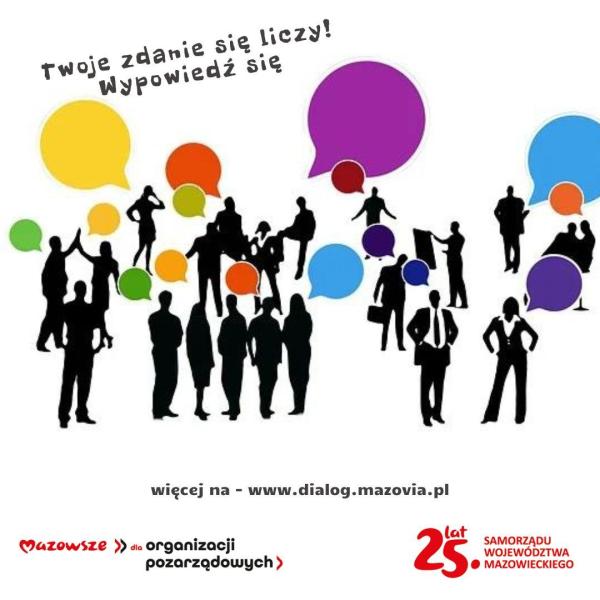 Czarne sylwetki ludzi. Nad nimi różnokolorowe chmurki dialogowe.