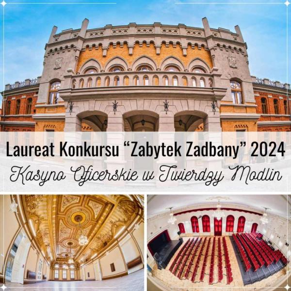 Biała ozdobna elewacja zabytkowego budynku z czerwonej cegły. Ozdobny sufit w sali. Scena i składane fotele w sali.