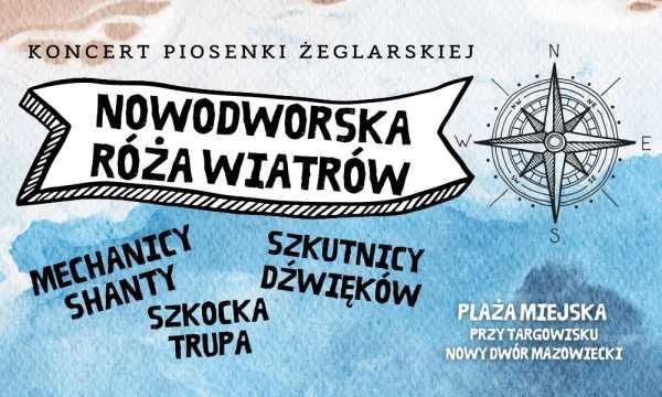 Róża wiatrów na niebieskim tle.