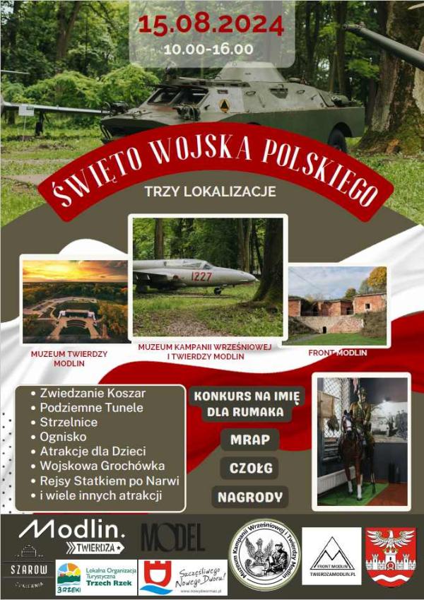 Obronne budowle z czerwonej cegły, fragment szarego wojskowego samolotu, żołnierz w zielonum mundurze na brązowym koniu.
