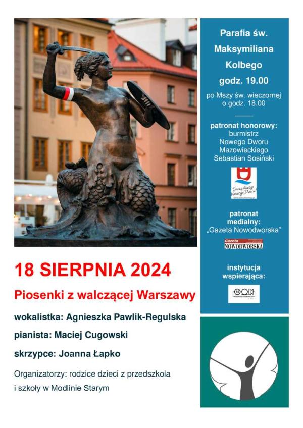 Pomnik Warszawskiej Syrenki z biało-czerwoną opaską na prawym ręku.
