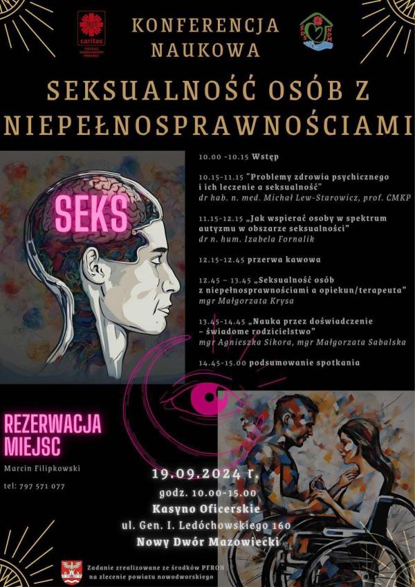 Głowa człowieka z napisem SEKS na mózgu. Mężczyzna i kobieta na wózkach inwalidzkich dotykają się wzajemnie.