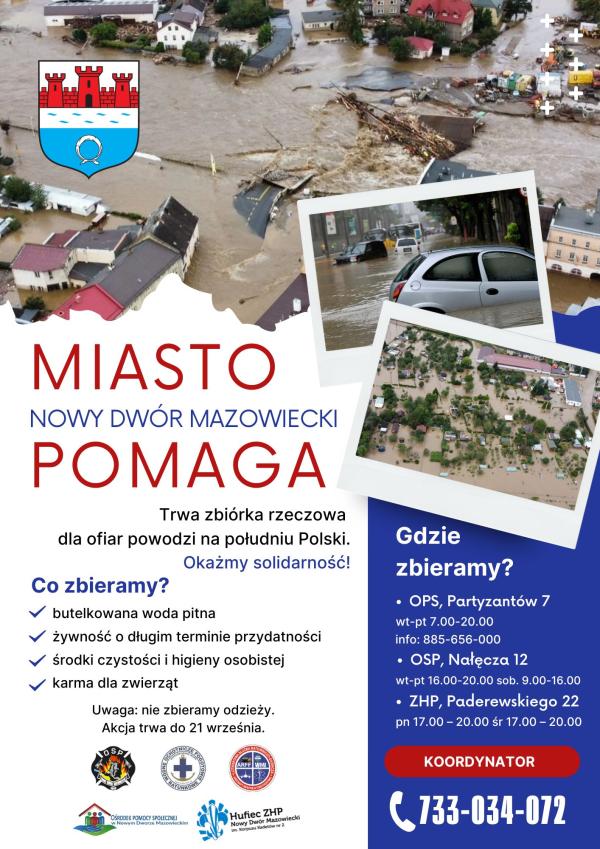 Nowy Dwór Mazowiecki - pomoc powodzianom - plakat informacyjny