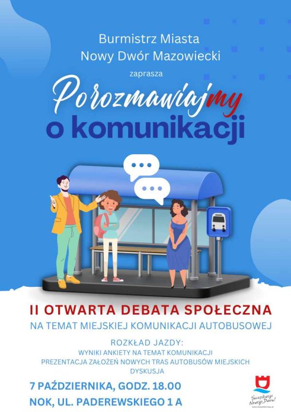 Mężczyzna w żółtej marynarce i zielonych spodniach, chłopiec w niebieskiej bluzie i jasnych spodniach oraz kobieta w niebieskie sukience stoją przy wiacie przystanku autobusowego.