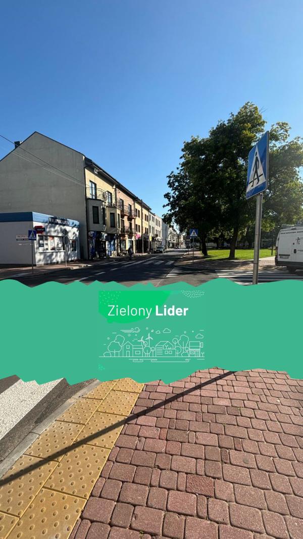 Po lewej stronie połączone ze sobą domy wielorodzinne, po prawej drzewa w parku.