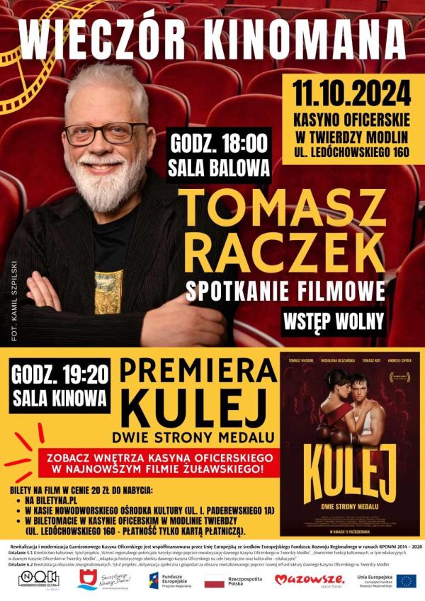 Mężczyzna w okularach z siwymi, włosami, wąsami i brodą siedzi na fotelu kinowym. Poniżej przytulająca się para: mężczyzna w białej koszulce na ramiączkach i kobieta w czerwonej sukni.