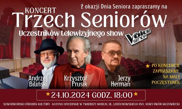 Trzech mężczyzn: w białe koszuli i muszce, czarnym kapeluszu i smokingu, w czarnej koszuli, czerwonym smokingu i muszce, w brązowej ramonesce i okularach.