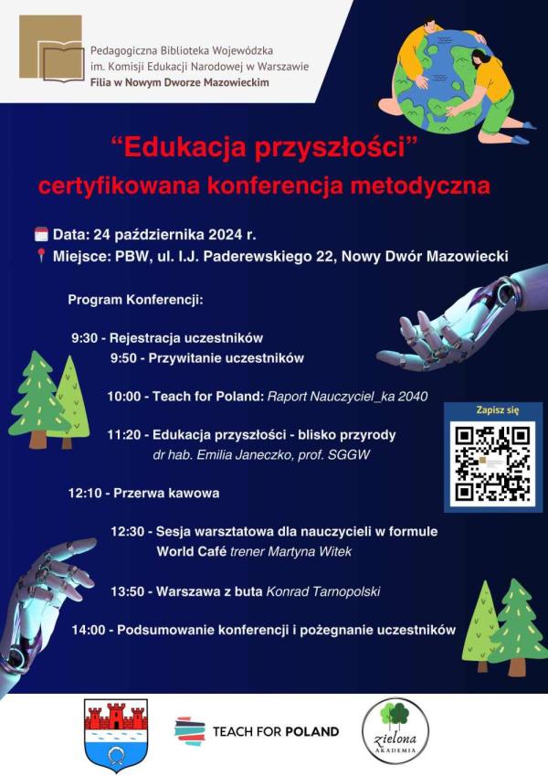 Mężczyzna z kobietą obejmują kulę ziemską. Dwie dłonie robota. Cztery drzewa iglaste.