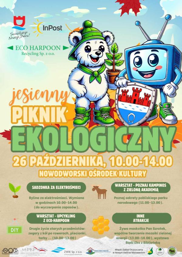 Biały miś w zielonej czapce i butach trzyma roślinkę w doniczce. Obok niebieski telewizor z tarczą z herbem miasta.