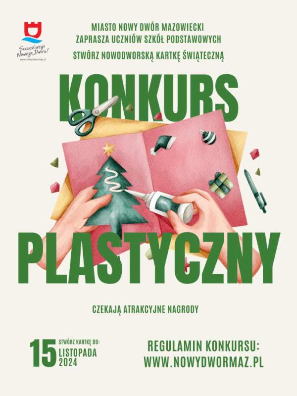 Lewa dłoń trzyma zieloną choinkę, a prawa wyciska z białej tuby białą substancję na nią. Czapka Mikołaja, bombka, paczka.
