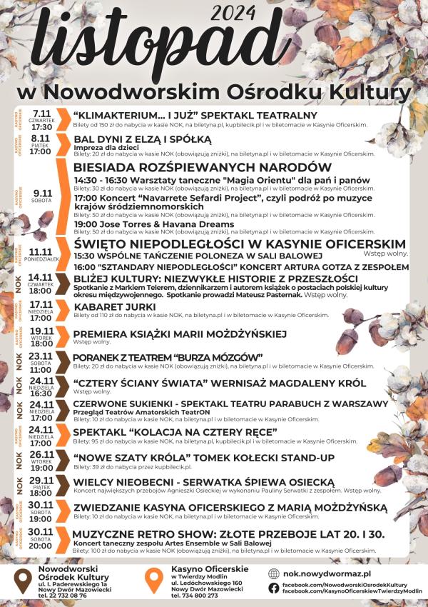 Żołędzie, liście dębu i różnokolorowe kwiaty.