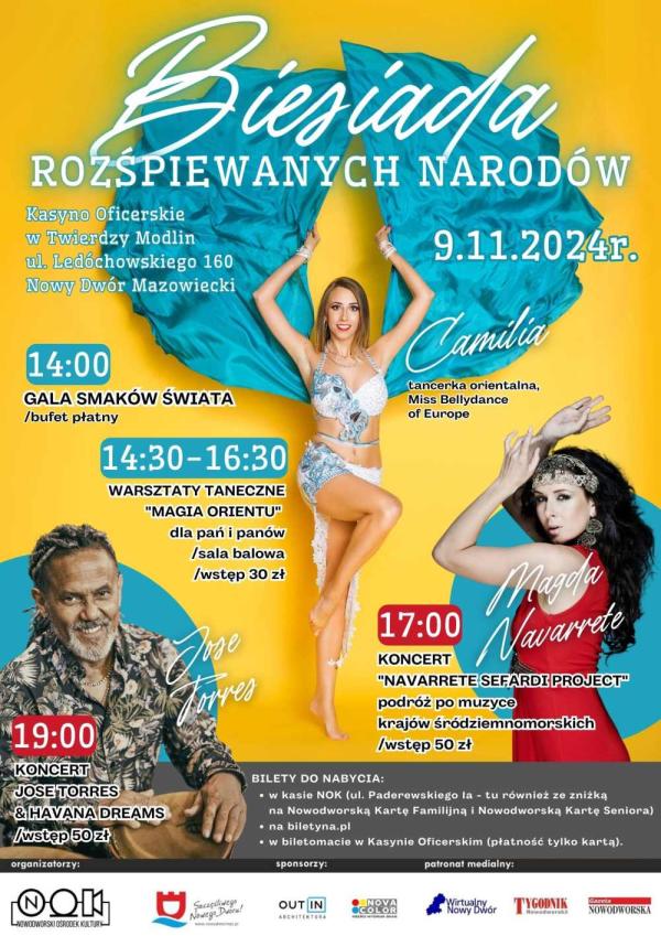 Mężczyzna grający na bębenku. Kobieta ze "skrzydłami" w dwuczęściowym kostiumie. Kobieta z opaską w czerwonej sukni.