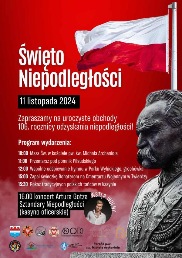 Szare popiersie mężczyzny z wąsami w mundurze z odznaczeniami. Mężczyzna z blond włosami w białej koszuli.