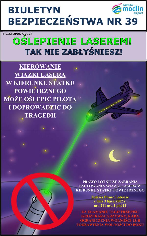 Wiązka lasera skierowana w przednie szyby samolotu.