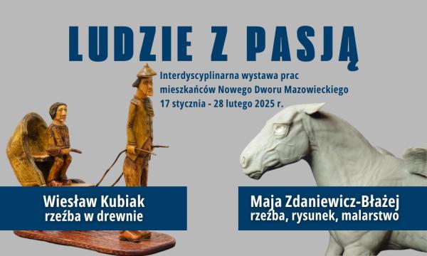 Rzeźba mężczyzny ciągnącego rikszę, na której siedzi kobieta. Obok rzeźba konia.