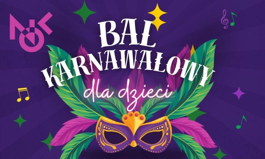 Maska karnawałowa na różnokolorowym tle oraz napisy informacyjne.