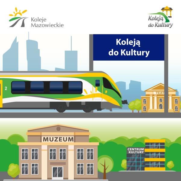 Pociąg osobowy na szynach, budynek: teatru, muzeum i centrum kultury.