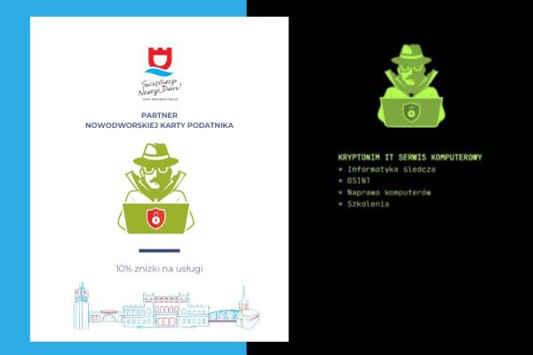 Mężczyzna w kapeluszu, płaszczu i okularach siedzący przed laptopem, na którym jest tarcza z otwartą kłódką w środku.