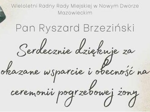 Na tle gałązek z listkami eukaliptusa napisy z podziękowaniem Radnego Ryszarda Brzezińskiego.