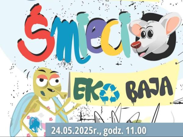 Głowa szczurka wystająca z otworu oraz stojąca na dwóch nogach mucha w fartuszku trzymająca baner Eko Baja.