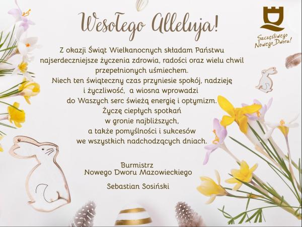 Dwa zajaczki, pisanka, żonkile i krokusy.