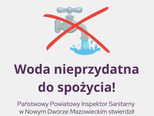 Przekreślony dwiema czerwonym, krzyżującymi się liniami szary kran, z którego leci woda.