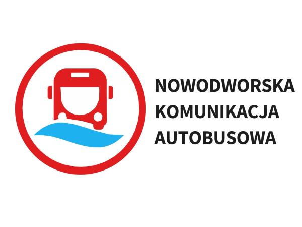 Czerwony przód autobusu na niebieskiej fali w środku czerwonego okręgu.