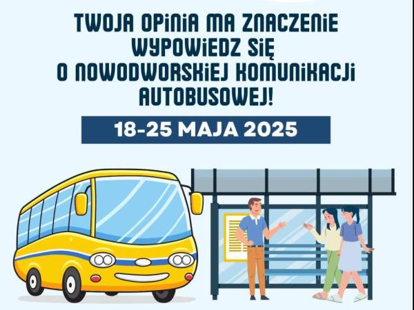 "Uśmiechnięty" żółty autobus. Obok na przystanku mężczyzna i dwie kobiety.