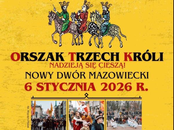 Graficzna informacja treści, trzech mężczyzn w koronach na koniach, uczestnicy marszu.