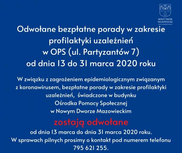 Odwołane bezpłatne porady w zakresie profilaktyki uzależnień w OPS