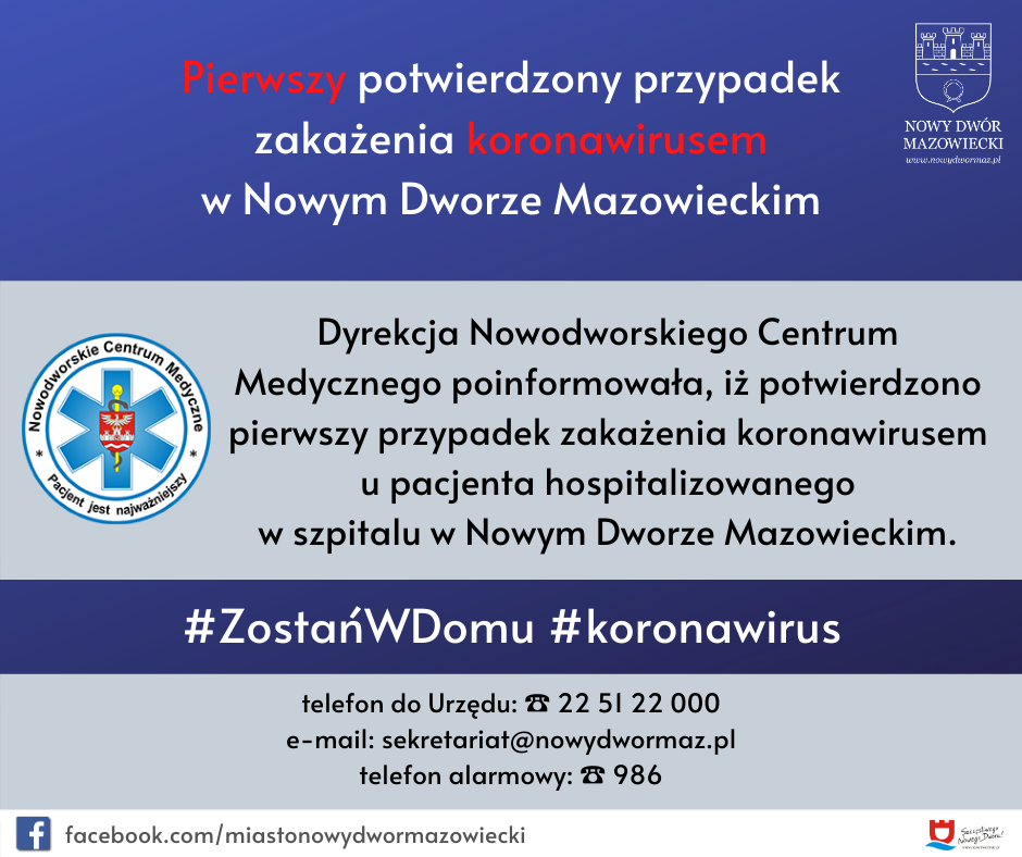 Potwierdzono pierwszy w Nowym Dworze Mazowieckim przypadek zakażenia koronawirusem