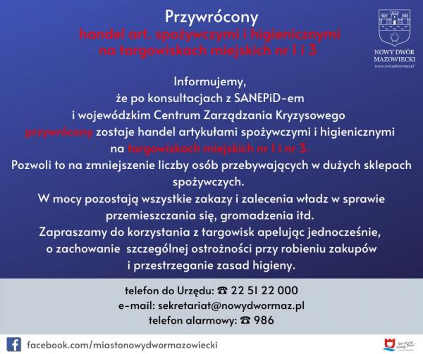 Przywrócony handel art. spożywczymi i higienicznymi na targowiskach miejskich nr 1 i 3