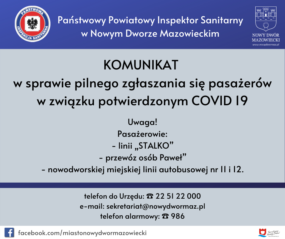 Komunikat w sprawie pilnego zgłaszania się pasażerów w związku potwierdzonym COVID 19
