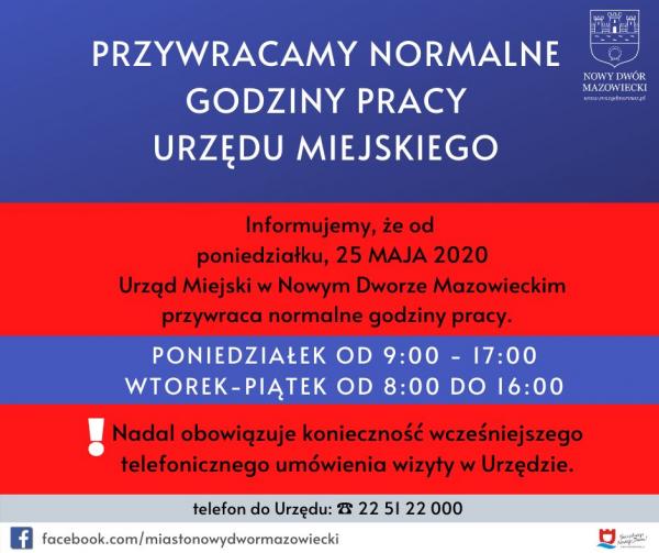 Przywracamy normalne godziny pracy Urzędu Miejskiego