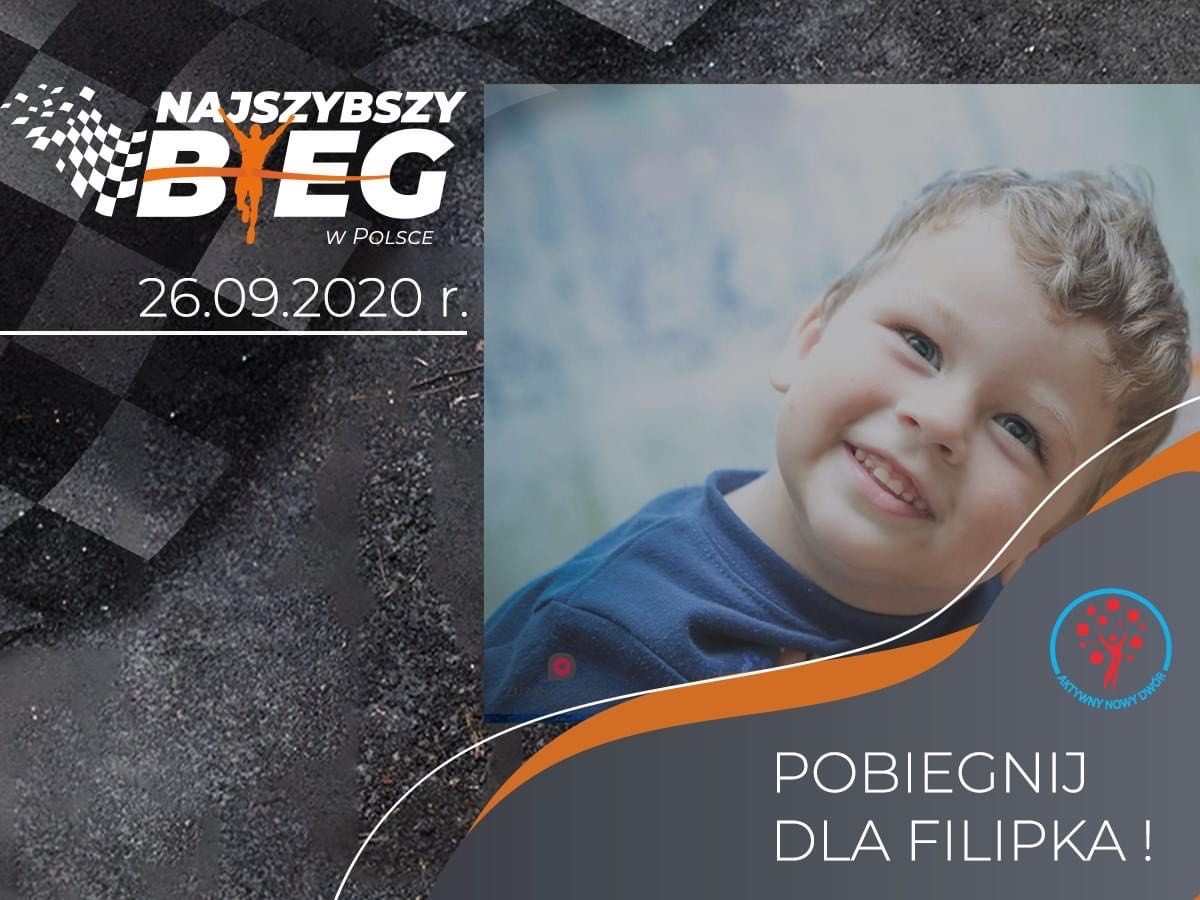 Na plakacie uśmiechnięta twarz chłopca. napis Najszybszy Bieg w Polsce