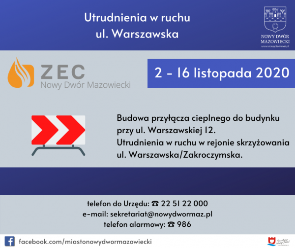 Utrudnienia w ruchu ul. Warszawska/Zakroczymska