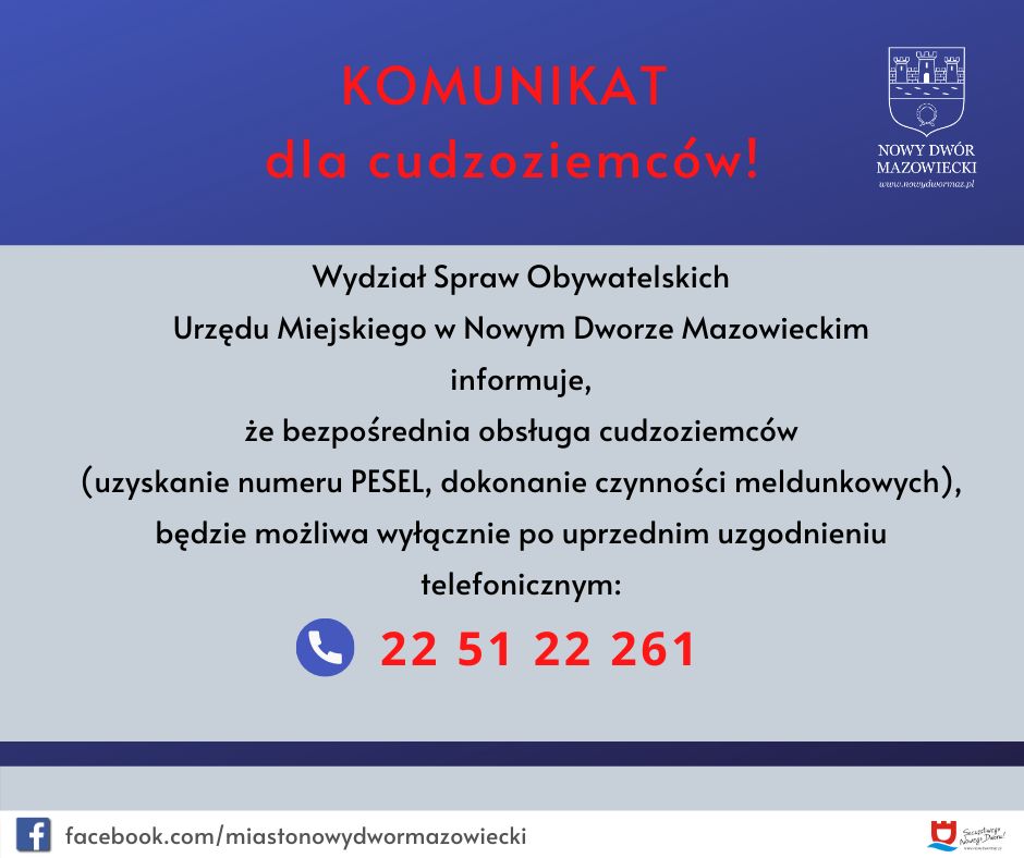 Komunikat dla cudzoziemców załatwiających sprawy w Wydziale Spraw Obywatelskich