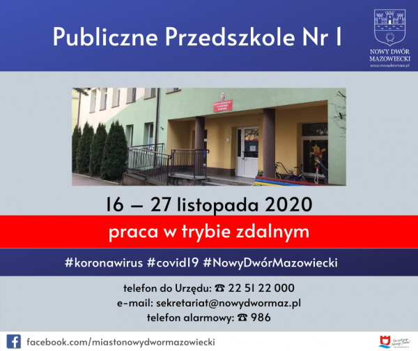 Publiczne Przedszkole Nr 1 – 16-27.11.2020 praca w trybie zdalnym