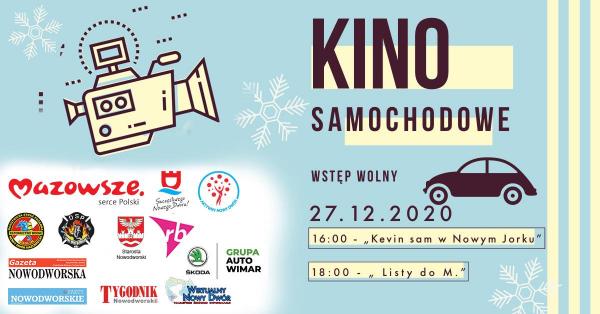 Kino samochodwoe. Wstęp wolny. 27.12.2020. 16:00 - „Kevin sam w Nowym Jorku”. 18:00 - „Listy do M”.