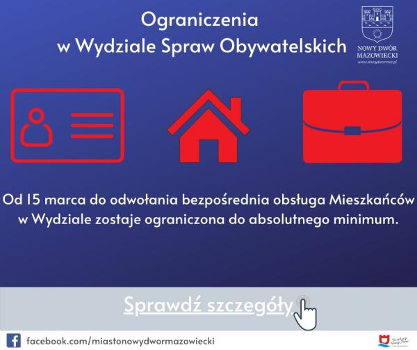 Ograniczenia w Wydziale Spraw Obywatelskich. Od 15 marca do odwołania bezpośrdenia obsługa Mieszkańców w Wydziale zostaje ograniczona do absolutnego minimum.