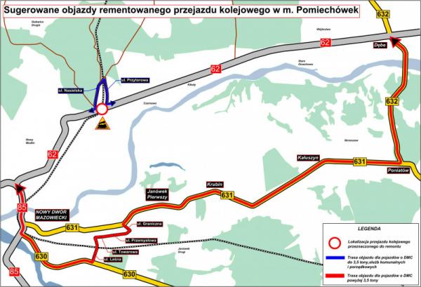 Sugerowane objazdy romontowanego przejazdu kolejowego w miejscowości Pomiechówek.