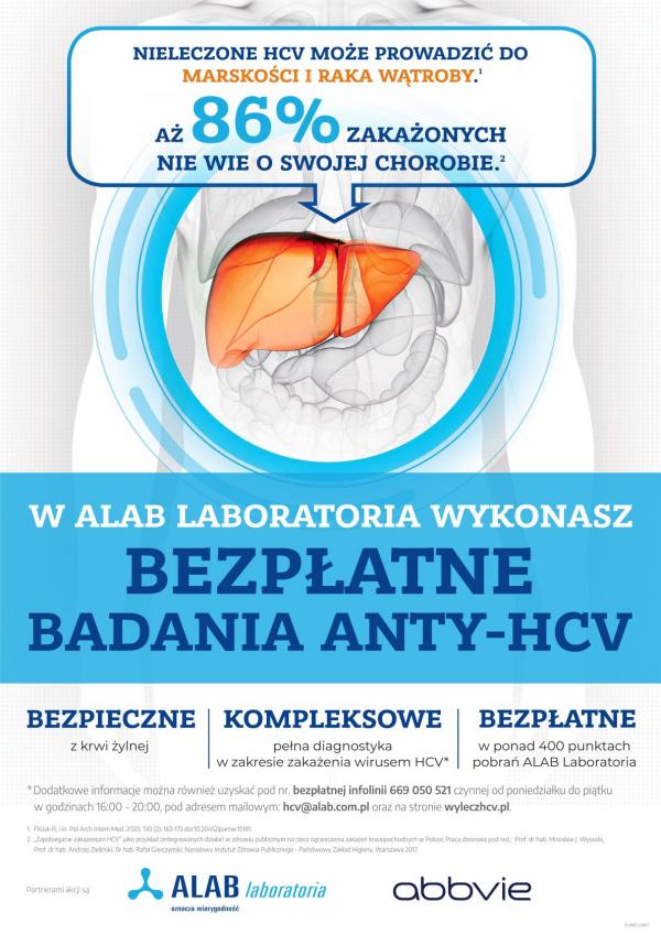 W ALAB laboratoria wykonasz bezpłatne badania anty-HCV. Nieleczone HCV może prowadzić do marskości i raka wątroby. Aż 86akażonych nie wie o swojej chorobie.