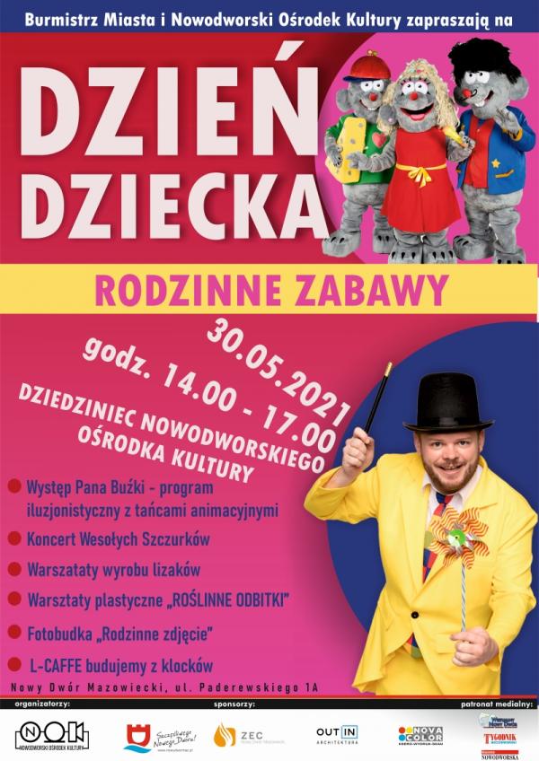 30.05.2021 r. w godz. 14:00-17:00 Burmistrz Nowego Dworu Mazowieckiego i Nowodworski Ośrodek Kultury zapraszają na dziedziniec NOK-u na imprezę z okazji Dnia Dziecka pod hasłem „Rodzinne zabawy”.