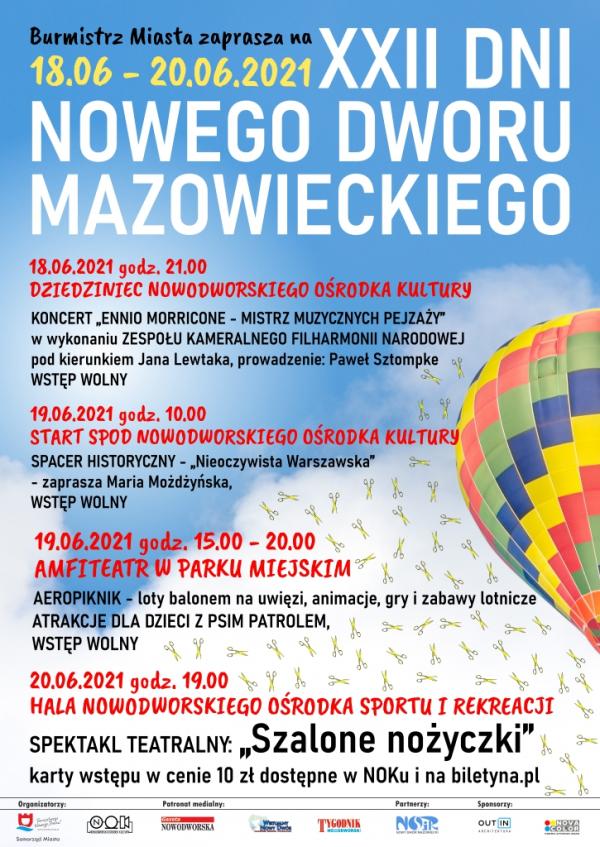 Burmistrz Miasta zaprasza na XXII Dni Nowego Dworu Mazowieckiego. 18.06. godz. 19.00 koncert muzyki Ennio Morricone. 19.06. godz. 10.00 historyczny spacer ulicami naszego miasta. 20.06. godz. 19:00 spektakl komediowy „Szalone nożyczki”.